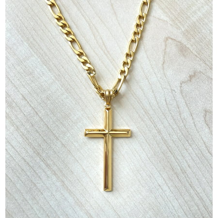 18K FIGARO Gold Cross with Bevel Edges for Men Boys Fathers Husband perfect gift with 5MM cuban link chain, 18"
