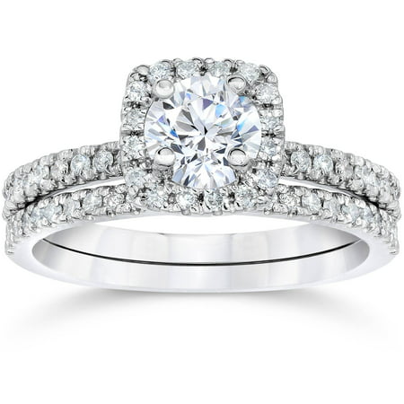 Pompeii3 5/8Ct Cushion Halo Real Diamond Engagement Wedding Ring Set White Gold, J-K-L, 6