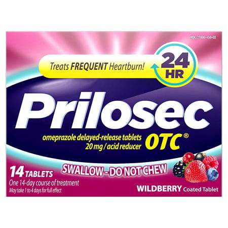 "Prilosec OTC Frequent Heartburn Relief Medicine and Acid Reducer, Wildberry Flavor, 14 Tablets Omeprazole Delayed-Release Tablets 20mg - Proton Pump"