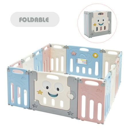 Costway 14-Panel Foldable Baby Playpen Kids Activity Centre Lock Door Rubber Bases