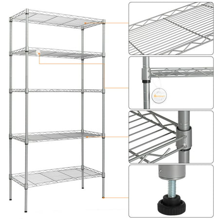 Ktaxon 5-Tier Wire Shelving Unit, Steel Storage Rack for Office Kitchen 30" W x 14" D x 60" H, Silver, 5-Tier
