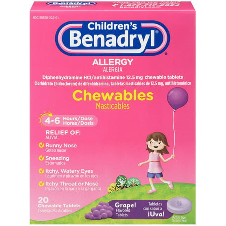 Benadryl Children's Allergy Chewable Tablets, Grape Flavored 20 ea (Pack of 4)