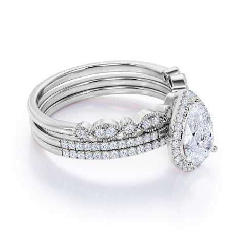 Affordable 1.50 Carat Pear cut Moissanite Antique Wedding Trio Ring Set in 18k White Gold Over Silver, 7