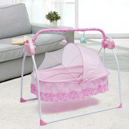 OUKANING Electric Baby Crib Cradle Music Auto Swing Rocking Cot Sleeping Bed Pink +timer