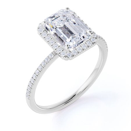 1.25 Carat Emerald Cut Moissanite Engagement Ring - Bridal Set - Halo Ring - Cluster Ring - 18k White Gold Over Silver, 7