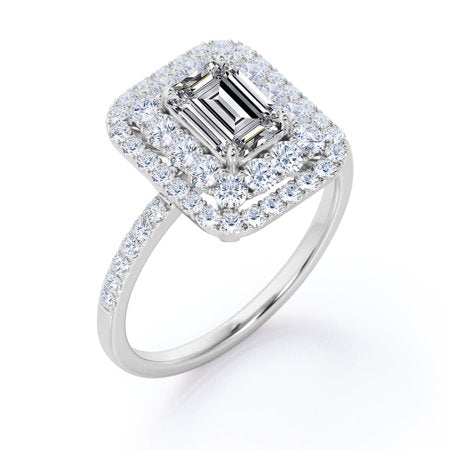 2 Carat Emerald Cut Moissanite Engagement Ring - Bridal Ring - Double Halo Ring - Cluster Ring - 18k White Gold Over SilverWhite,
