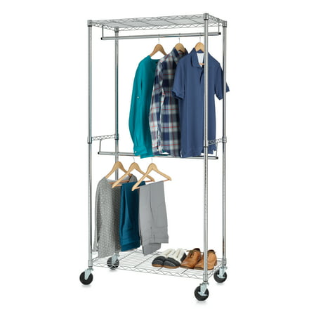 HSS 2-Shelf Wire Garment Rack with Casters, Steel, Chrome