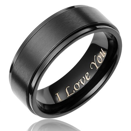 Cavalier Jewelers Mens Wedding Band in Titanium 8MM Black Plated Ring - Engraved I Love You, 7