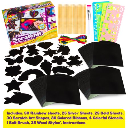 Creative Kids Rainbow Scratch Paper Craft Set - 185 Pieces Scratch Paper Art Kit - Black Scratch Off Pad - Magic Scratchboard Sheets, Stencils - Great Family Activity - Gift for Girls and Boys 4+