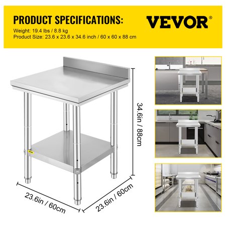 VEVORbrand Stainless-Steel Work Table 24 x 24 x 34 Inches Commercial Food Prep Heavy Duty Metal Work Table with Adjustable Feet for Restaurant, Home and Hotel, 24" x 24" x 34"