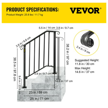 VEVORbrand Handrail for Stairs Fits 2 or 3 Steps Outdoor Wrought Iron Handrail Height adjustable Stair Railing, Matte Black, Matte Black, Fits 2 or 3 Steps