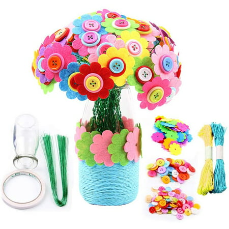 OUSITAID Flower Craft Kit, Colorful Buttons and Felt Flower Kit Vase Arts Toy Craft Project for Girls and Boys, Fun DIY Activity Gift for Children Ages 4-9 Years Old, Sunflower