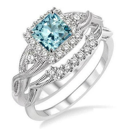 Filigree 1.25 Carat Princess Cut Created Aquamarine and Moissanite Wedding Ring Set in 18k White Gold over Silver, 7