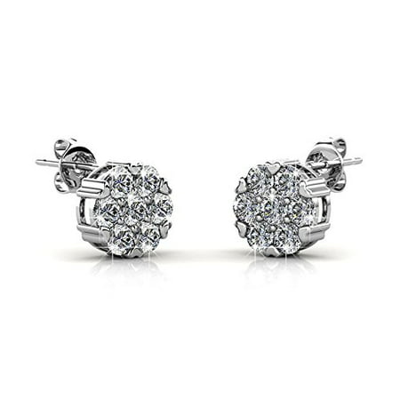 Cate & Chloe Remy 18k White Gold Sparkling Pave Stud Earrings w/ Swarovski Crystals, Sparkle Crystal Studs Earring Set for Women, Fashion Flower Cluster EarringsSilver,