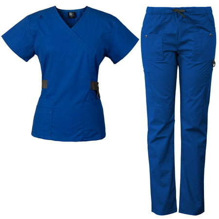 Medgear 12-Pocket Women's Scrub Set with Silver Snap Detail & Contrast Trim, Royal, Medium, Royal, M