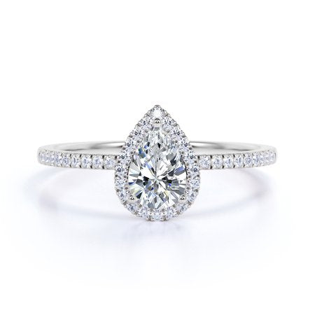 Vintage Pear Shaped Diamond Halo Engagement Ring in 10K White Gold, White Gold, 7