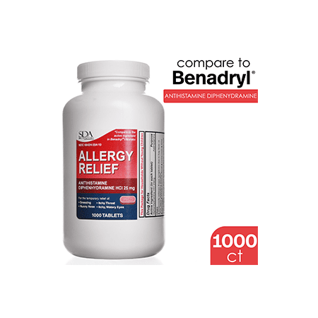Allergy Relief | Diphenhydramine HCl 25mg 1000 Tablets | Relief for Itchy-Watery Eyes, Sneezing, Runny Nose | Indoor & Outdoor