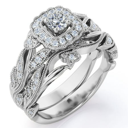 Antique - Round Diamond - Edwardian Diamond Filigree Ring - Art Deco Style - Wedding Ring Set in 10K White Gold, White Gold, 5