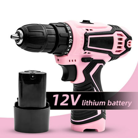 Asotony 12V Pink Cordless Lithium-ion Drill Set and Pink Tool Set Kit,Home Tool Set Kit for DIY, Lady's Home Repairing Tool Kit with 12-Inch Wide Mouth Open Storage Tool Bag