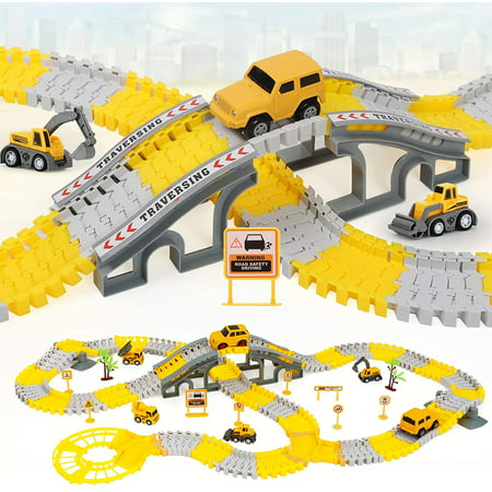 iHaHa 236PCS Construction Race Tracks for Kids Boys Toys, 6PCS Construction Car and Flexible Track Playset Create A Engineering Road Toys for 3 4 5 6 Year Old Boys Girls Best Gift