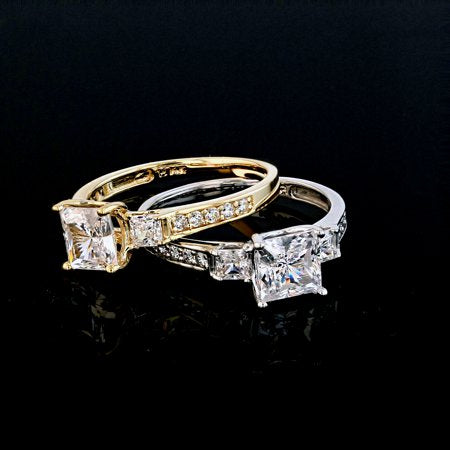 Ioka - 1.5 Ct. Cubic Zirconia CZ 3 Stone Princess Cut Engagement Ring Solid 14K Yellow Gold With Stones in Band - Size 6.5 - Size 6.5