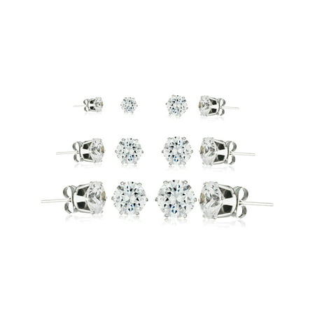 Coastal Jewelry Cubic Zirconia Stainless Steel Stud Earrings - 6 Pairs