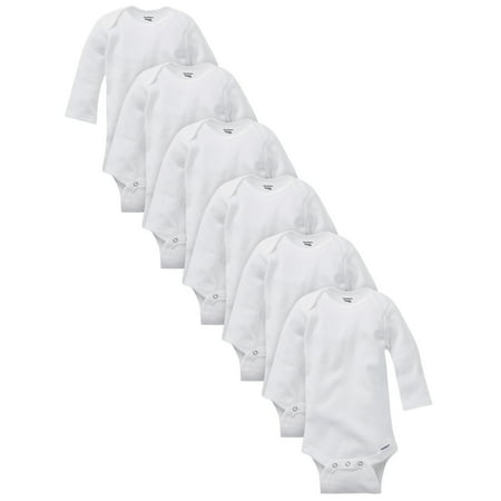 Gerber Baby Boy or Girl Gender Neautral Long Sleeve White Onesies Bodysuits, 6-Pack (Preemie-24 M), White, Newborn