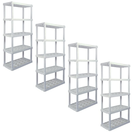 Hyper Tough 74" H x 18" D x 36" W 5 Shelf Plastic Garage Shelves, Pack of 4 Storage Shelving Units, White 750 lbs Capacity