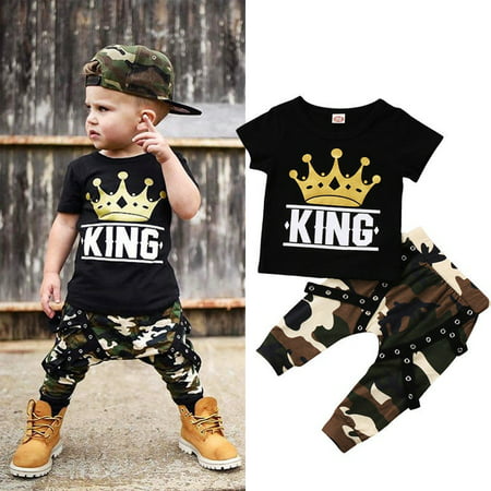 Newborn Kids Baby Boys Tops T-shirt Camo Pants Boys 2PCS Outfits Set Clothes 0-5Years, Black, 0-6 Months