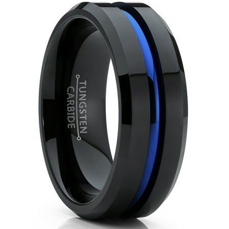 Men's Tungsten Carbide Black and Blue Wedding band Engagement Ring with Grooved Center, Comfort Fit 8mm, Blue, 1 pcs