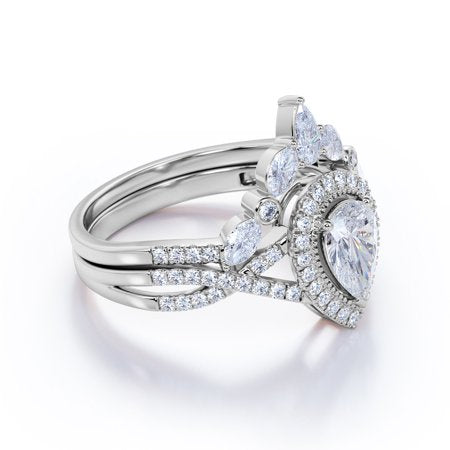 1.25 Carat Pear Cut Moissanite Bohemian Wedding Set - Infinity Engagement Ring with Art Deco Wedding Band in 10k White GoldWhite,