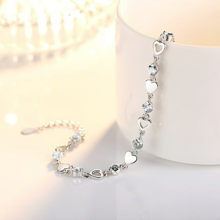 Willstar Crystal Heart Charm Bracelet Fashion Heart Link Bracelet Gift for Women & Girls-Silver