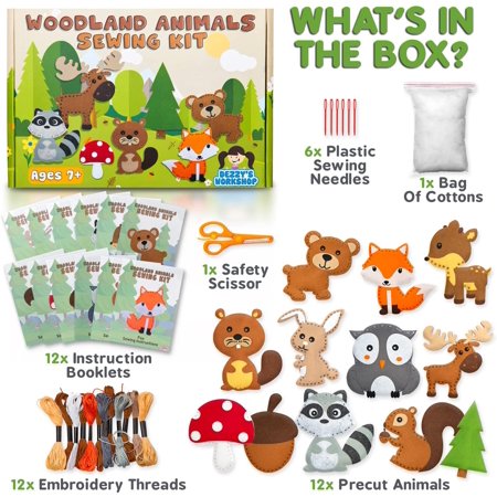Dezzy's Workshop Sewing Kit for Kids - Woodland Animals Kids Sewing Kit - Make Your Own Stuffed Animal Kit - Felt Stitch Art and Craft Toys for Boys and Girls - Childrens DIY Crafting and Sewing