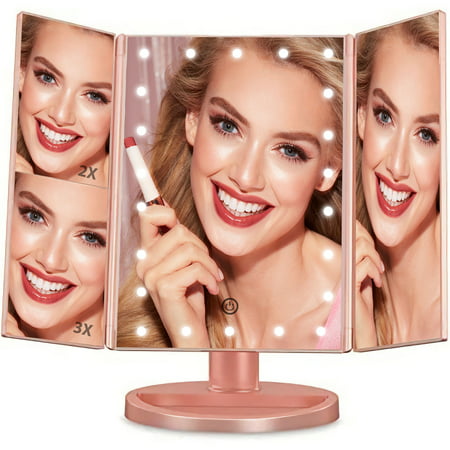 Makeup Mirror Vanity Mirror with Lights, 1x 2X 3X Magnification, Lighted Makeup Mirror, Touch Control, Trifold Makeup Mirror, Dual Power Supply, Portable LED Makeup Mirror, Women Gift (Rose Gold)