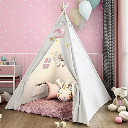 Teepee Tent for Kids, Natural Cotton Canvas Teepee Play Tent White/Pink, Toys for Girls/Boys Indoor & Outdoor PlayingWhite,