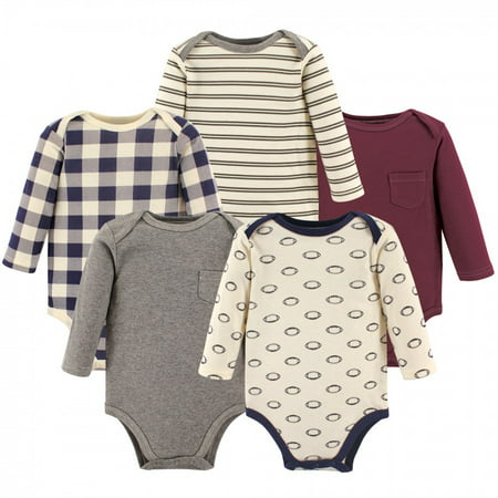 Hudson Baby Infant Boy Cotton Long-Sleeve Bodysuits 5pk, Burgundy Football, 3-6 Months, Multicolor, 3-6 Months