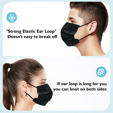 Black Disposable Face Mask Adults Mouth Cover 3Ply with Ear Loop 50 Pcs, Black, 50 Pcs for Adults