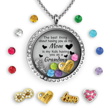 Grandma Gifts Jewelry | Mother Daughter Necklace Floating Locket Pendant Necklace Grandma Jewelry Gift for Mom from Daughter Silver and Crystal Locket