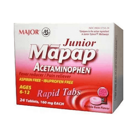 Major Mapap Junior Pain Reliever Aspirin & Ibuprofen Free, Bubble Gum, 24ct