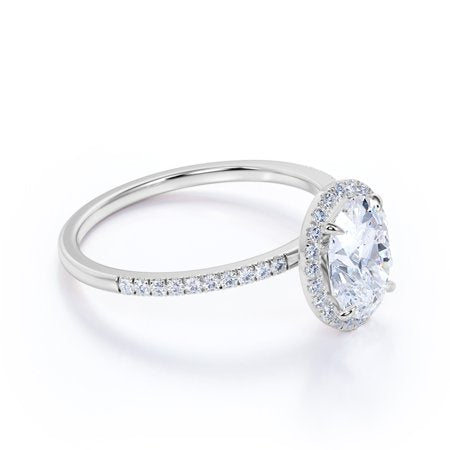 1.25 Carat oval cut Moissanite Halo Engagement Ring in 18k White Gold Over SilverWhite,