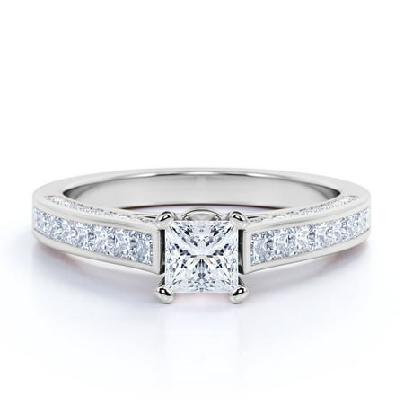 Vintage 1 Carat Princess Cut Moissanite - Channel Set Band - Edwardian Engagement Ring in 18K White Gold over Silver, 6