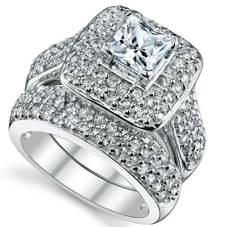 Women's 1 Carat Princess Cut Cubic Zirconia Sterling Silver 925 Wedding Engagement Ring Set, 2 pcs/1 Set