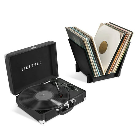 Victrola Journey+ Bluetooth Suitcase Record Player with Matching Record Stand (Black), Black
