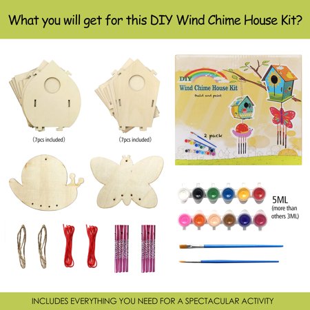4 Pack DIY Bird House Wind Chime Kits for Children to Build and Paint, Wooden Arts and Crafts for Kids Girls Boys Toddlers Ages 8-12 4-6 6-8, Paint Kit Includes Paints & Brushes