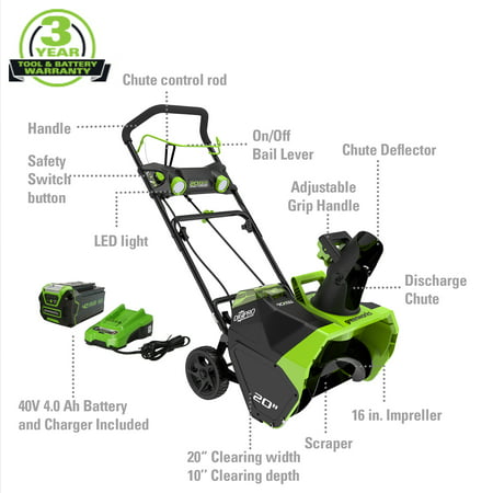 Greenworks 40V 20-inch Cordless Brushless Snow Blower with 4.0 Ah Battery and Charger, 26272