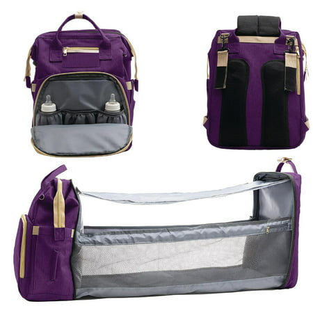 Exec-U-Gift Diaper Bag Backpack with Changing Station | 0-12 Month| Waterproof Baby Bag With Auto Foldable Crib, Travel Bassinet with USB Charging Port and Shade Cloth - PurplePurple,