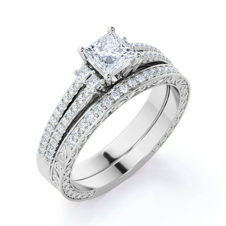 Stunning 1.25 ct - Princess Cut Diamond - Pave - Vintage - Double Band Engagement Ring - Bridal Set - 10K White Gold, White Gold, 7