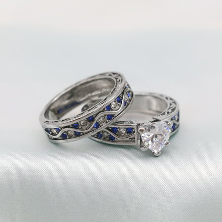Matching Ring Couple Rings White Gold Plated 1CT CZ Women Wedding Ring Sets Female Ring, women's size 5 & men's size 7