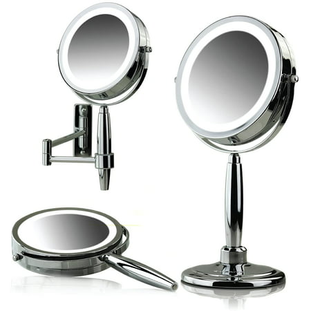 Ovente Makeup Mirror with Lights and Magnification, 8.5'' 3 Color Tone 1X 5X Double Side Spinning Circle LED, Easy Switch to Wall Mount, Tabletop & Handheld Battery Powered Polished Chrome MFM85CH1X5XPolished Chrome,