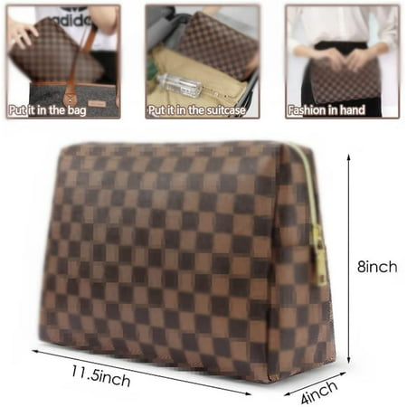 Aokur Makeup Bag Checkered Cosmetic Bag Large Travel Toiletry Organizer for Women Girls BrownBrown,